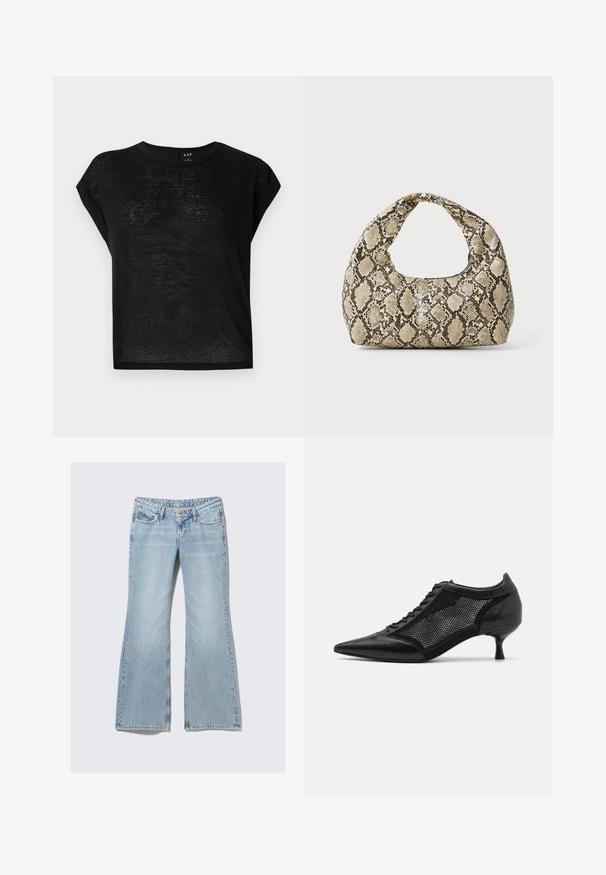 Svart t-skjorte med korte ermer og avslappet passform. Laget av lett, noe gjennomsiktig stoff. Har rund hals og oppbrettede ermer.; Weekday NOVA - Jeans slim fit - lip blue; Svart spiss tå-sko med meshpaneldesign, med lav hæl og snøring foran. Laget av en kombinasjon av lær og meshmateriale.; Veske med slangeskinnmønster og krummet håndtak. Laget av teksturerte, beige og brune materialer, med et særegent diamantmønster.