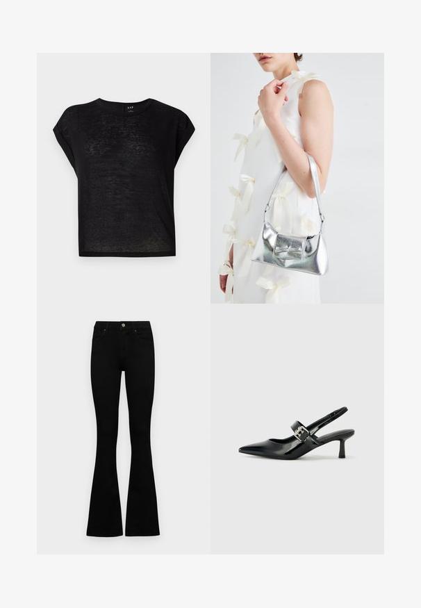Camiseta preta de mangas curtas com um corte descontraído. Feita de um tecido leve e ligeiramente transparente. Apresenta um decote redondo e mangas enroladas.; Jeans pretos de cintura alta com fecho de botão e zíper, bolsos frontais e pernas largas dispostos em cima de um fundo branco.; Saltos slingback em verniz preto com bico pontiagudo e um pequeno salto bloco, apresentando um detalhe de fivela prateada na tira.; Bolsa metálica prateada com uma forma estruturada, apresentando uma alça superior e um detalhe de laço na frente. Textura suave, acabamento reflexivo.