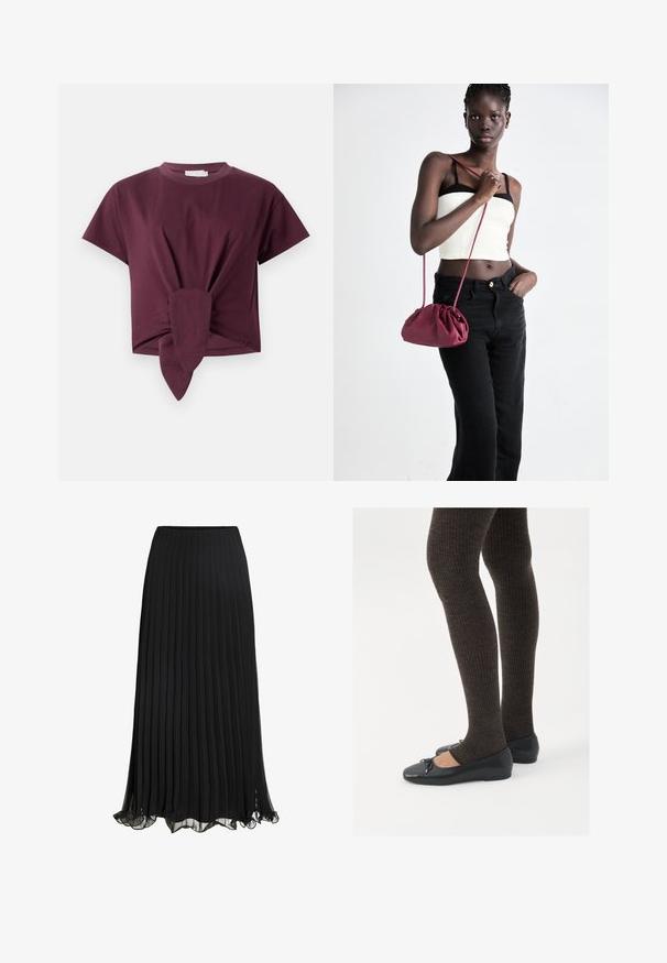 Burgundin lyhythihainen t-paita, joka on valmistettu puuvillasta. Paitassa on solmittu yksityiskohta vyötäröllä ja klassinen pyöreä kaula-aukko.; Musta pliseerattu maksihame, joka on valmistettu kevyestä kankaasta ja siinä on virtaava muotoilu. Hameessa on röyhelöhelma ja joustava vyötärö, joka takaa mukavuuden.; Mustat matalat kengät, joissa on pieni nauha varpaissa, yhdistettynä tummanruskeisiin ribattuisiin sukkahousuihin. Kengissä on sileä pinta ja matala profiili.; Burgundi pehmeast kangast käekott, millel on kortsuline disain ja pikk rihm, kantud üle rinna. Modell kannab valget lühikest toppi ja musti teksaseid.