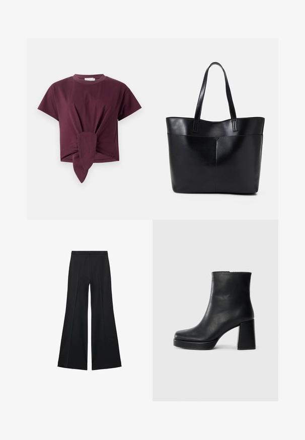 Tricou burgundy cu mânecă scurtă din bumbac, cu un detaliu legat la talie și un design clasic de gât rotund.; Pantaloni negri cu croială largă, având o textură netedă, cu pliseuri frontale și un design croit. Materialul este ușor și fluid.; Botină din piele neagră, cu toc pătrat și talpă platformă, văzută din lateral pe un fundal alb simplu.; Geantă oversized din piele neagră, cu două mânere lungi, de textură netedă și formă structurată. Are un buzunar frontal pentru stocare suplimentară.