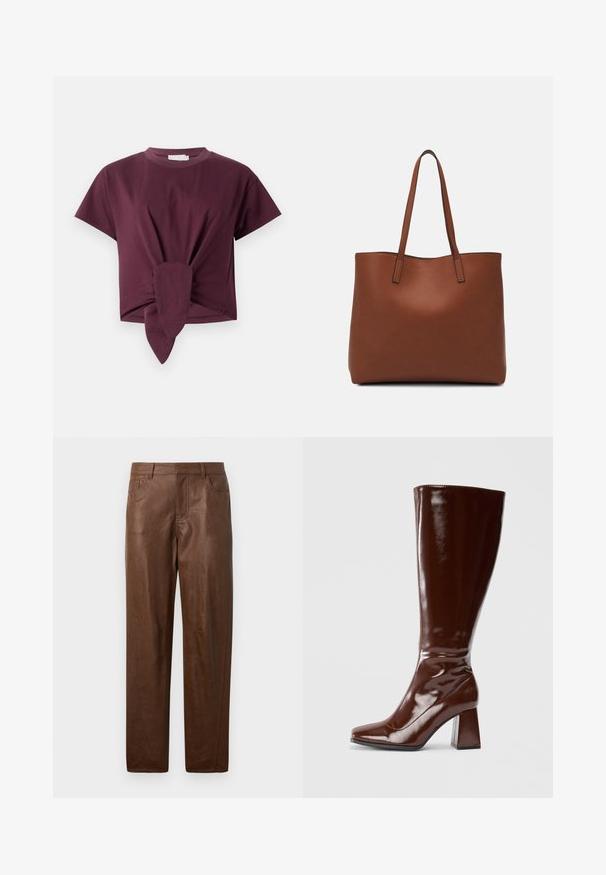 Burgundy short-sleeve t-shirt made of cotton, featuring a knotted detail at the waist and a classic crew neck design.; Brown leather pants with a smooth texture, straight leg design, and two side pockets. Features visible stitching details.; Knee-high brown patent leather boots with a square toe, glossy finish, and a chunky heel for stability. Seamless design with no visible hardware.; Brown leather tote bag with a smooth texture, open top design, and two shoulder straps. Features minimal stitching and no visible hardware.