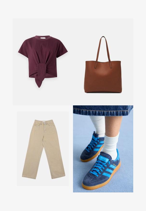 Camiseta de manga corta burdeos de algodón, con un detalle anudado en la cintura y un diseño de cuello redondo clásico.; Pantalones de mezclilla anchos en color beige, con una cintura alta, bolsillos frontales y costuras en contraste. El diseño incluye un cierre con botón.; adidas Originals HANDBALL SPEZIAL - Zapatillas - night indigo/bright blue; Bolso tote de cuero marrón con una textura suave, diseño de apertura superior y dos correas para el hombro. Presenta una costura mínima y sin herrajes visibles.