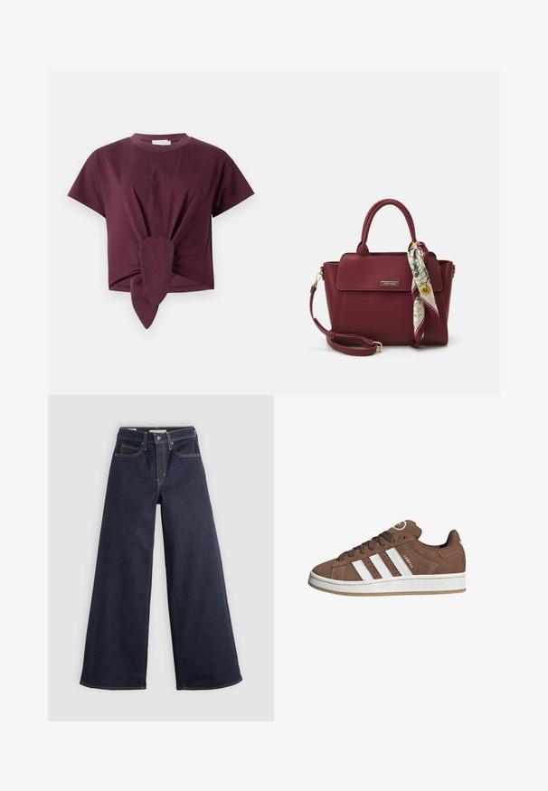 Burgundské tričko s krátkým rukávem vyrobené z bavlny, se zavázaným detailem v pase a klasickým kulatým výstřihem.; Džínové kalhoty s širokými nohavicemi ve tmavě modré barvě s kontrastním prošíváním. Mají tradiční pětikapsový design a zapínání na knoflík v pase.; Hnědé semišové tenisky s bílými koženými pruhy, gumovou podrážkou, kulatou špičkou a šněrováním vpředu. Mají logo na jazyku a perforované detaily.; Burgundská kabelka vyrobená z umělého materiálu se strukturovaným designem, která má odnímatelný popruh a kroužek, na kterém je uvázaný šátek s květinovým vzorem.