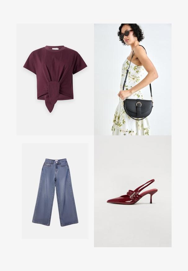 Burgunderfarget t-skjorte med korte ermer laget av bomull, med en knyttedetalj i midjen og en klassisk rund halsdesign.; Bredde ben jeans i lys blå vask, med høy livhøyde, frontlommer og knappelukking med beltehemper.; Røde patentleder slingback hæle med spids tå, to spænde stropper og en slank, mellemhøj stiletto hæl. Glat tekstur.; Svart lærveske med en buet form, avtagbar stropp og gullbeslag. Vesken har et klaff med spenne-detall.