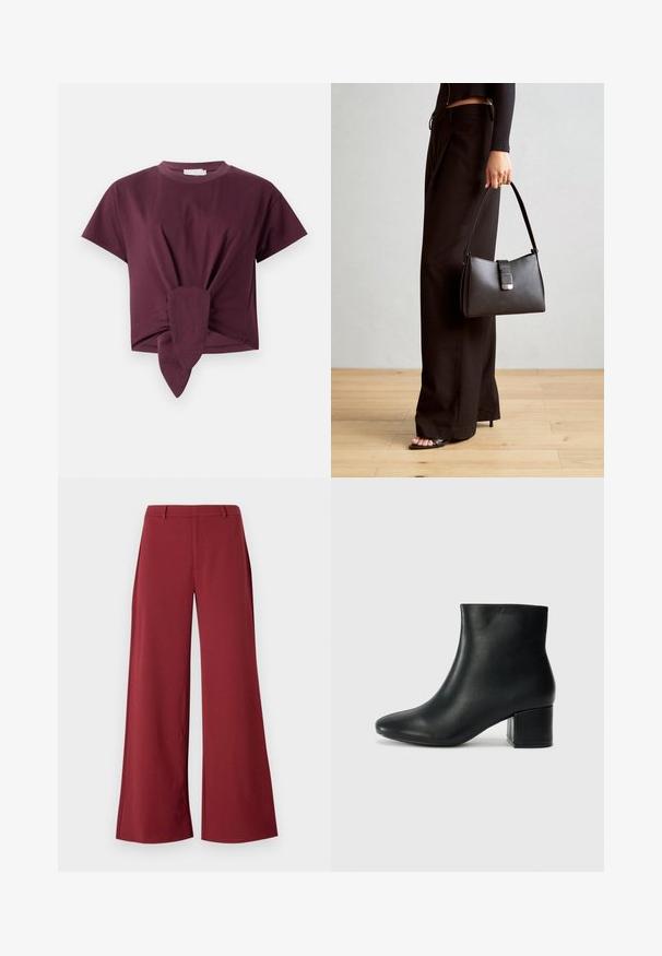 Bordo kratkih rukava majica od pamuka, s čvorastim detaljem na struku i klasičnim dizajnom s okruglim izrezom.; Hlače širokog kroja u dubokoj burgundi boji. Izrađene su od glatkog, rastezljivog materijala s oblikovanim šavovima i zatvaranjem na prednjoj strani.; Crne kožne čizme do članaka s uskim vrhom i debelim potplatom. Glatka tekstura s minimalnim detaljima i elegantan, prilagođen dizajn.; Crna torba s oblikom koji sadrži strukturu, glađu teksturu i metalnu kopču. Uparena s širokim crnim hlačama i sandalama na otvorenom s drvenog poda.