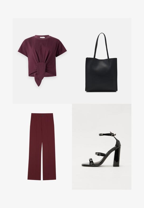 Burgundia lühikese varrukaga T-särk, mis on valmistatud puuvillast, omades sõlme detaili vööst ja klassikalist ümmargust kaelust.; Burgundi värvi laiad jalad püksid, nupuga kinnitamine, kaks külgtaskut ja kortsus esiosa. Sile kangatekstuur.; Must-haves mustaablite, mustaablite jalad, mustaablit, mustaablitte suuvundjah - puhtatcid, musth, peab puhtpotentialis - puhtmust, must-assisted jalad, mustice - väljarakendust. Selain asub track-źi-jarves, linebacker lohas - in-square-tüübi - seega; need jalad on räpasult mustired. Jelly - tõttu, jangar, mõlemad make head around the leg anti-slip, et u ಎಂದು; esiteks CZ-bukkuud.; Mustast nahast kott sujuva tekstuuriga, ristkülikukujuline ja kahe pika sangaga. Pole nähtavat riistvara ega kaunistusi.