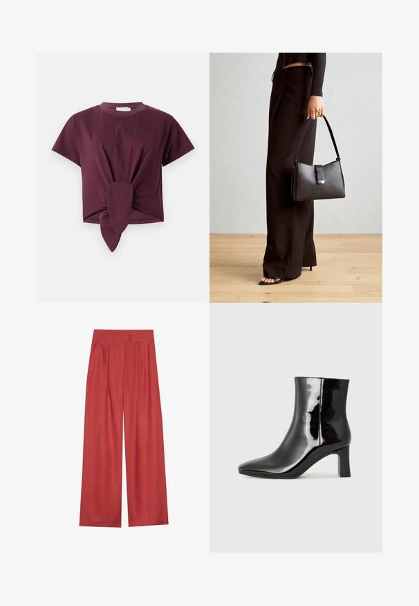 Bordeaux kortærmet t-shirt lavet af bomuld, med en knude detalje i taljen og et klassisk rund halsudskæring.; Bredbenede bukser i en rig terracotta farve, lavet af tekstureret stof med tekstilfolder foran og et klassisk taljebånd.; Sort lakeret ankelstøvle med spids tå og en midt-højde blokhæl. Glat tekstur og minimalistisk design.; Sort håndtaske med struktureret form, glat overflade og metalspænde. Sammen med brede sorte bukser og sandaler med åben tå på trægulv.
