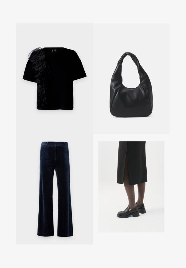 Melna īsām piedurknēm t-kreklā ar tekstūrētu melnu mežģīņu akcentu kreisajā plecā. Klasisks apaļais kakls un brīvā piegriezuma stils.; Tums zilas flared bikses, izgatavotas no mīksta zīda. Tām ir gluda tekstūra, pielāgota josta un tīri griezumi malās. Nav redzamu detaļu vai rakstu.; Melni ādas apavi ar noapaļotu purngalu, biezām bloku papēžiem un elastīgiem sānu akcentiem, apvienoti ar tumšām zeķubiksēm un melnu svārku ar šķirbu.; Melnā hobo soma, kas izgatavota no gludas ādas līdzīga materiāla, ar savītu rokturi, ar mīkstu, noapaļotu formu un augšējo rāvējslēdzēju.; Sudraba gredzenveida auskari ar minimālistisku dizainu. Cirkulāra forma, gluda tekstūra un plāns profils. Vieglu svaru ar spīdīgu apdari.