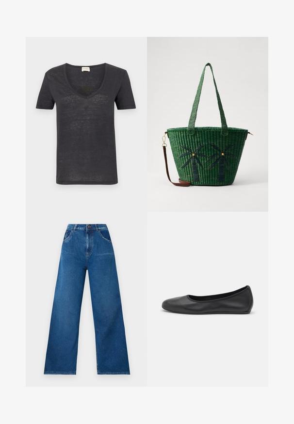 Tamsiai pilka trumpų rankovių marškinėliai su V formos iškirpte, turintys šiek tiek tekstūruotą medžiagą ir laisvą sijoną. Minimalistinis dizainas be matomų logotipų.; Tamsiai mėlynos džinsinės kelnes su plačiomis kojomis ir aukštu liemeniu, su priekinėmis ir galinėmis kišenėmis, taip pat su kontrastingomis siūlėmis.; Juodai odiniai baletai su apvaliu pirštu, lygi texture, minimalus siuvimo detales ir lanksčiu padų dizainu.; Žalia pynimo dydžio kuprinė su palmės medžiais tamsiai žaliai; turi dvi rankenas ir nuimamą rudos odos petinę dirželį.