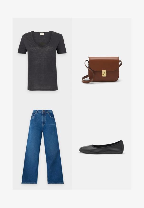 Tumši pelēks īsās piedurknes T-krekls ar V veida kakla izgriezumu, ar nedaudz strukturētu audumu un brīvu piegriezumu. Minimālisma dizains bez redzamām precēm.; Lielās kāju džinsi tumši zilos denimos ar augsto jostasvietu, ar priekšējām un aizmugurējām kabatām, kā arī kontrastējošām dūriena detaļām.; Melna ādas baleta kurpe ar noapaļotu purngalu, gludu tekstūru, minimālu šuvju detalizāciju un elastīgu zoles dizainu.; Bordo ādas rokas soma ar atloku, zeltītām detaļām, plecu siksnu un gludu virsmu. Kompakta, taisnstūrveida forma.