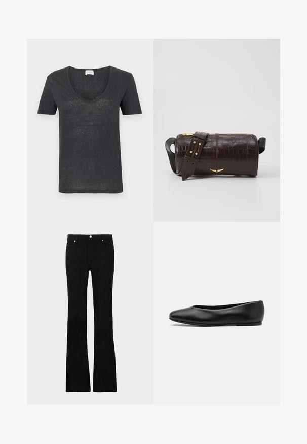 Sötétszürke, rövid ujjú póló V-kivágással, enyhén texturált anyaggal és laza illeszkedéssel. Minimalista dizájn, látható logók nélkül.; Fekete, bővülő szárú farmernadrág, két elülső zsebből áll, gombos záródással és sima textúrával rendelkezik. A varrásoknál látható a jellegzetes öltés.; Paul Smith TOPANGA - Balerina cipők - black; Barna krokodilbőr hatású bőr táska henger alakú, arany tónusú fémveretekkel és lecsatolható, szegecsekkel díszített pánttal.