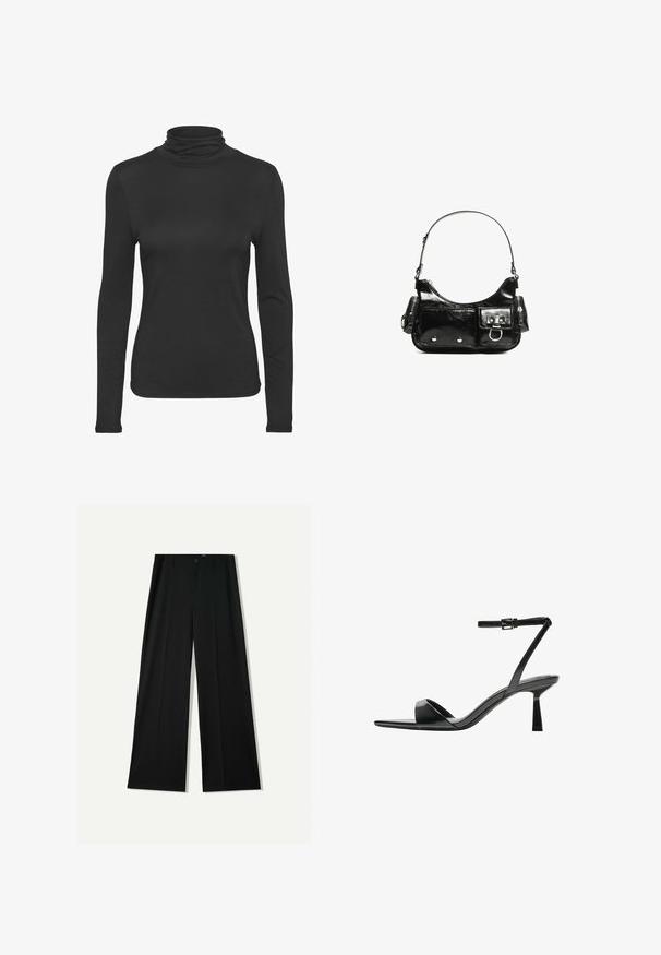 Fekete, hosszú ujjú garbó, sima, rugalmas anyagból készült. Fitted szabású, klasszikus magas gallérral rendelkezik.; Bershka WIDE - Nadrágok - black; Bershka Magas sarkú szandálok - black; Fekete lakkbőr kézitáska ívelt formával, egy vállpánttal, elülső zsebekkel és ezüstszínű fémrészletekkel.