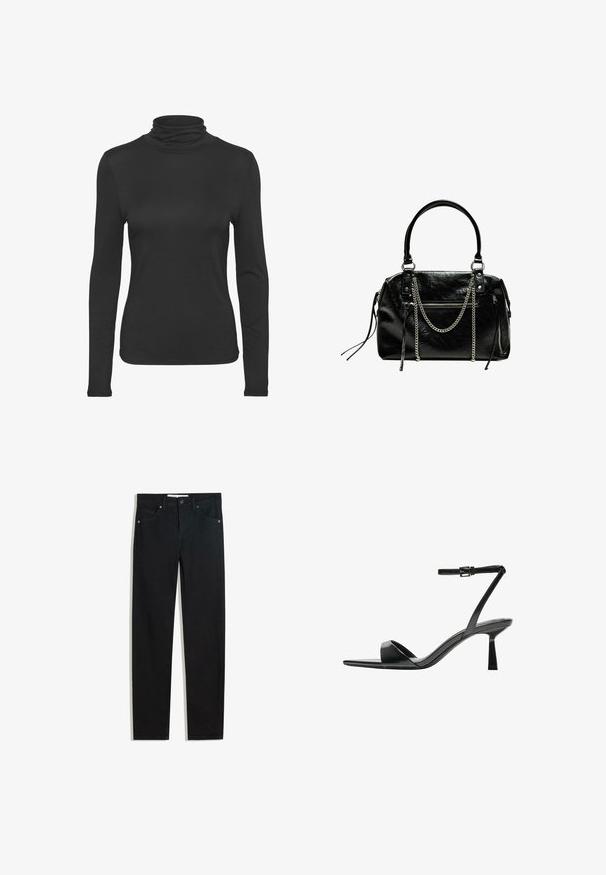 Czarna, długotalińowa bluzka polo wykonana z gładkiego, elastycznego materiału. Posiada dopasowany krój i klasyczny wysoki kołnierz.; Czarna dżinsowa spodnie o prostym kroju, pięć kieszeni, metalowe zapięcie na guzik oraz subtelne detale przeszycia. Gładka faktura.; Bershka - Sandały na obcasie; Bershka - Torebka