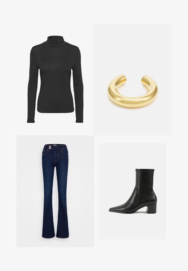 Schwarzes langärmliges Rollkragen-Shirt aus glattem, dehnbarem Stoff. Mit tailliertem Schnitt und klassischem hohen Kragen.; Dunkelblaue Schlagjeans mit hoher Taille, zwei Fronttaschen und zwei Knopfverschlüssen. Hergestellt aus Denim mit glatter Textur.; Schwarze Knöchelstiefel aus glattem Leder, mit spitzem Zehenbereich, einem Blockabsatz und markanten, raised stitching am oberen Rand.; Goldfarbiger Metallarmreif mit glattem, glänzendem Finish. Kurvendesign mit offenen Enden und einer nahtlosen, minimalistischen Form.