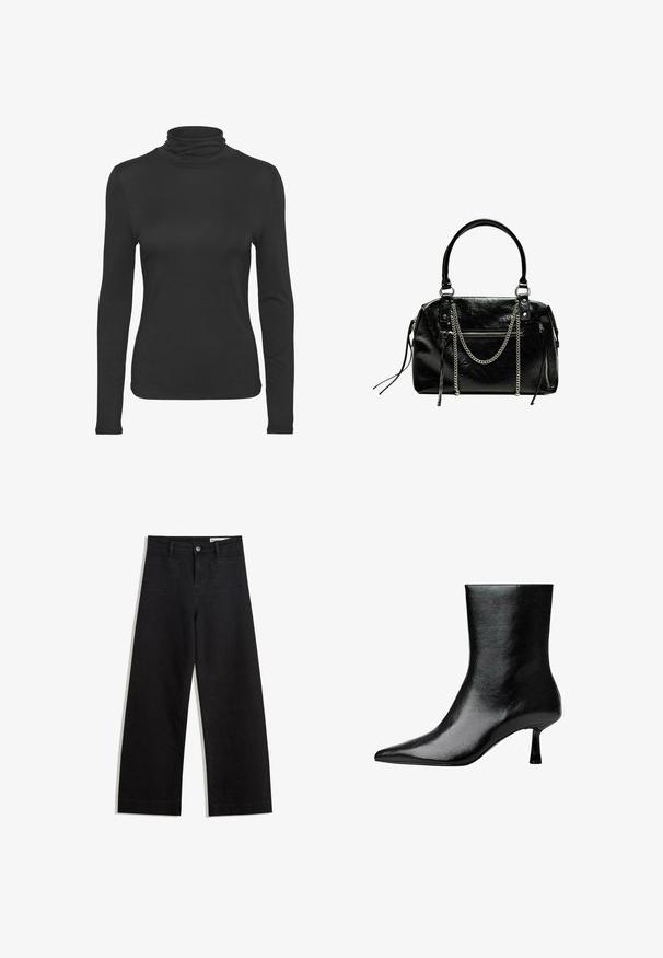 Fekete, hosszú ujjú garbó, sima, rugalmas anyagból készült. Fitted szabású, klasszikus magas gallérral rendelkezik.; Fekete, bő szabású farmernadrág magas derékkal, elülső és hátsó zsebekkel, varrott felületekkel és gombos záródással. Sima textúra.; Fekete bokacsizma fényes bőrből, hegyes orral és karcsú sarokkal, sima textúrával és minimalista dizájnnal.; Bershka WITH CHAIN - Kézitáska - black