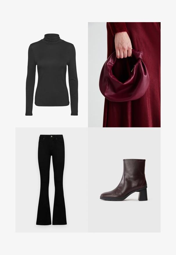 Cămașă neagră cu mânecă lungă și guler înalt, realizată dintr-un material neted și elastic. Are un design ajustat și un guler clasic.; Jeans negri cu talie înaltă, cu închidere prin nasture și fermoar, buzunare frontale și picioare evazate, așezați pe un fundal alb.; Cizmă de gleznă din piele maro închis, cu toc pătrat și vârf rotund, expusă pe un fundal simplu gri deschis.; Geantă de mână din piele burgundă, cu un design moale și pliat și o formă rotundă. Mânerele sunt securizate, evidențiind o textură netedă.