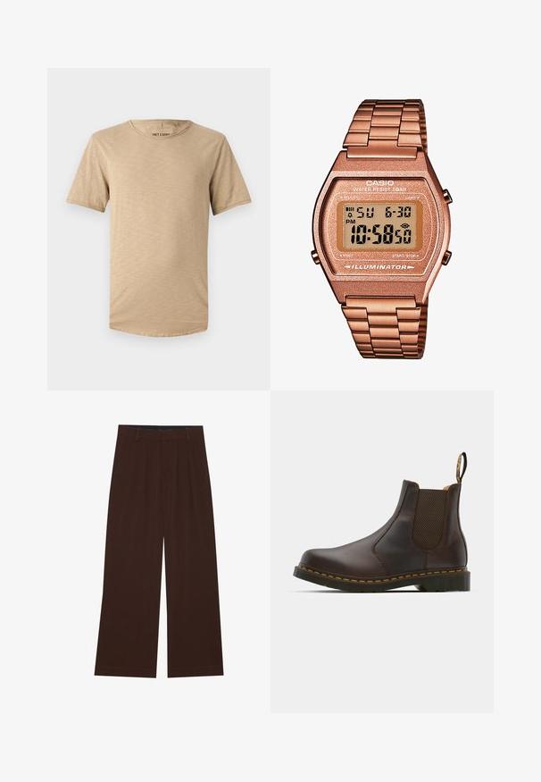 Beige t-shirt med kort ärm gjord av mjukt tyg. Har rund halsringning och en lätt texturerad yta med rundad nederkant.; Bruna vida byxor med veck. Tillverkade av ett mjukt tyg, med skräddarsydd midja och sidofickor. Slät fåll längst ner.; Brun läder Chelsea-stövlet med elastiska sidopaneler, texturerad klack och kontrasterande gul söm. Har en dragflik för enkel påtagning.; Digital Casio-klocka med armband i roséguld, rektangulärt hölje, belyst display och vattentålighet, som visar tid och datum.