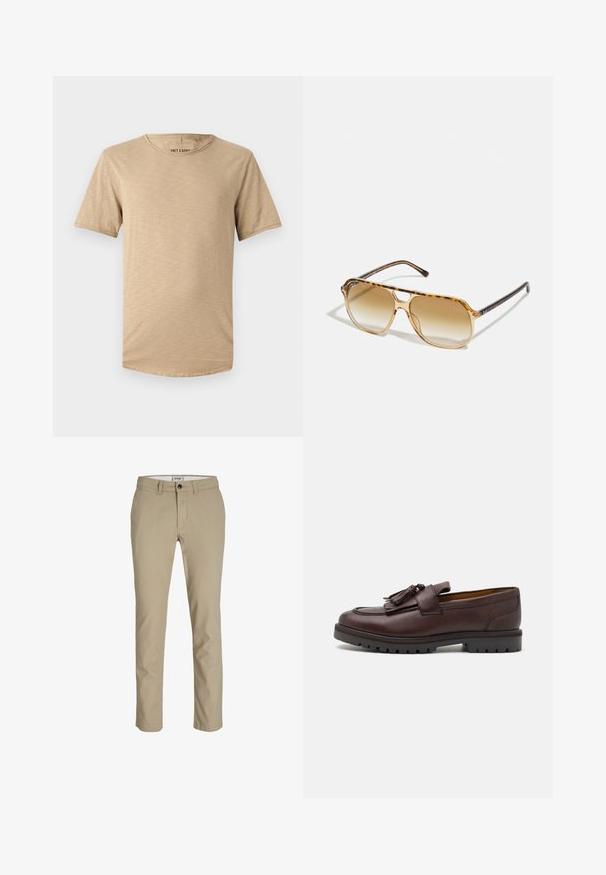 T-shirt bege de mangas curtas feita de tecido macio. Apresenta um decote redondo e uma superfície levemente texturizada com uma bainha curva.; Calças de algodão bege com um corte slim, apresentando fecho frontal com zíper e botão, e quatro bolsos. Textura suave, sem padrões ou detalhes.; Zign Sapatos slip-on elegantes - brown; Óculos de sol em padrão tartaruga com armação retangular, lentes castanhas degradê e hastes pretas elegantes com discretos detalhes de logótipo.