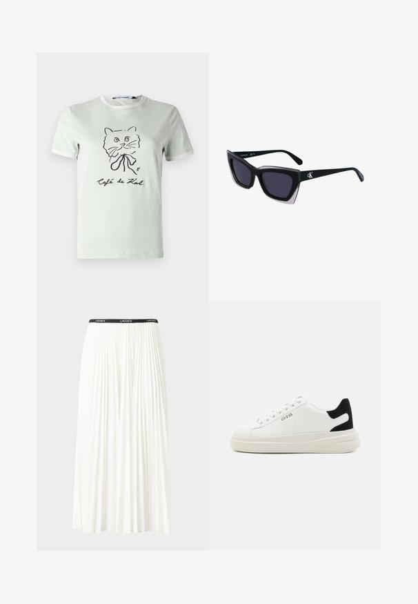 Gai zaļas kokvilnas T-krekls ar īsām piedurknēm, ribota apkakle un melnas kaķa grafiskais dizains ar tekstu "Café de Karl" zem tā.; Gari plānas baltas svārku ar melnu elastīgu jostu, uz kuras redzams "LACOSTE" logo. Vidēja garuma dizains ar mīkstu tekstūru.; Baltas ādas sporta apavi ar biezu balto zoli, melna zamša uzpura un izspiestais logotips sānos. Šņorējuma dizains ar sešiem acu caurumiem.; Melni pārmēru saulesbrilles ar ģeometrisku formu, kas aprīkotas ar tumšiem stikliem un kontrastējošu pelēku akcentu uz rāmja. Logo uz kājas.; Sudraba riņķveida auskari ar gludu, spīdīgu apdari. Apaļas formas, viegla dizaina, ar aizdari uz stieples.