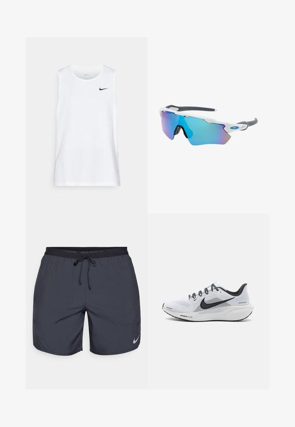 Bijela bezrukavna atletska majica izrađena od tkanine koja uklanja vlagu, s crnim Nike logom na lijevoj strani grudi. Glatka tekstura.; Nike kratke hlače za trčanje u tamno sivoj boji, s elastičnim pojasom i vezicom te srebrnim logotipom na donjem desnom dijelu noge.; Bijele mrežaste tenisice za trčanje s crnim akcentima, koji imaju ublažavajući srednji sloj, teksturiranu potplatu i reflektirajuće vezice za poboljšanu vidljivost.; Naočale za sunce s bijelim okvirom, sivo-zlatnim detaljima i plavim zrcalnim lećama. Sportski dizajn, oblik koji se prilagođava obliku lica i podesive nosne jastučiće.