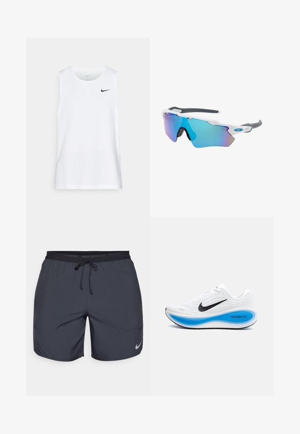 Biely bezrukávový športový top vyrobený z materiálu, ktorý odvádza vlhkosť, s čiernym logom Nike na ľavej hrudi. Hladká textúra.; Běžecké šortky Nike v tmavě šedé barvě, s elastickým pasem a šňůrkou na stažení, a stříbrným logem na spodní části pravé nohavice.; Biele športové topánky s textúrovaným zvrškom, čiernym logom Nike a modrou strednou vrstvou ZoomX. Majú zaoblenú špičku a vzorovanú podrážku.; Slnečné okuliare s bielym rámom, so sivými akcentmi a modrými zrkadlovými sklami. Športový dizajn, okrúhly tvar a nastaviteľné nosové podložky.