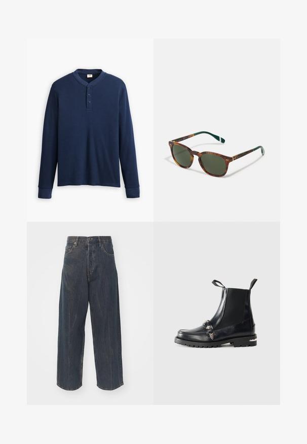 Camisa henley de manga longa azul-marinho, feita de tecido canelado. Apresenta um decote redondo e uma pala com três botões. As bainhas são justas.; Calças de ganga largas de cor azul escuro com uma textura de desgaste subtil, cinco bolsos e um fecho clássico de botão e zíper na cintura.; Botas de tornozelo em couro preto com painéis laterais elásticos, uma tira decorativa com accents metálicos, sola robusta e alças na parte de trás para fácil calce.; Óculos de sol em padrão tartaruga com lentes verdes, forma arredondada, detalhes dourados e hastes verde-escuras com uma faixa branca.