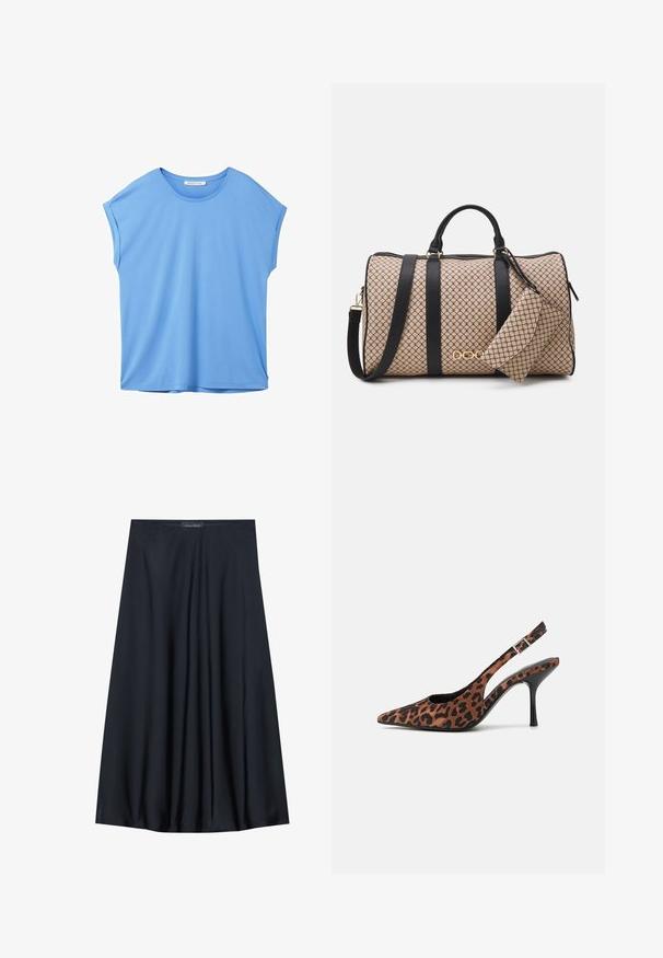 TOM TAILOR DENIM FLUENT TEE - Lihtne T-särk - sicilian blue; Käteta kollane tops tekstureeritud viimistlusega ja kokkuvõtetud külgdetailiga. Pehme kangas ja mugav lõige, sirge hem.; Must have pikk, kerge materjaliga must seelik, millel on voogav disain. Omab siledat tekstuuri ja peeneid voldikesi lisadetailiks.; Leopardimustriga seljatoega kõrged kontsad terava ninaga, musta läikiva kontsaga ja reguleeritava pahkluu rihmaga. Pehme materjal tekstureeritud viimistlusega.; Kottis, millel on beež mustriga välimus, mustad nahkrihmad, kuldsed detailid ja väike sobiv kott küljes. Struktureeritud disain.; Kuldtooni ristkülikukujuline käekell valge puidust näidikuga, hõbedaste tundide markeritega ja vastupidava metallist link-ribaga. Veekindel omadus on kaasas.