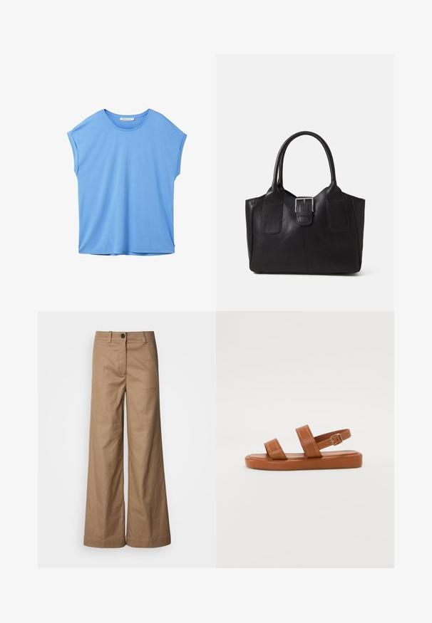 TOM TAILOR DENIM FLUENT TEE - Basic póló - sicilian blue; Széles lábú nadrág sima, bézs szövetből. Elől gombos záródás, övékhez hurkok és oldalsó zsebek találhatók. Tiszta vonalak, látható minták nélkül.; Barna bőr szandálok, két széles pánttal és hátsó pánttal, lapos talppal, diszkrét steppeléssel és fémcsattal.; Fekete bőr bevásárlótáska sima textúrával, strukturált formával, két fogantyúval és egy figyelemfelkeltő ezüst csattal az elején.