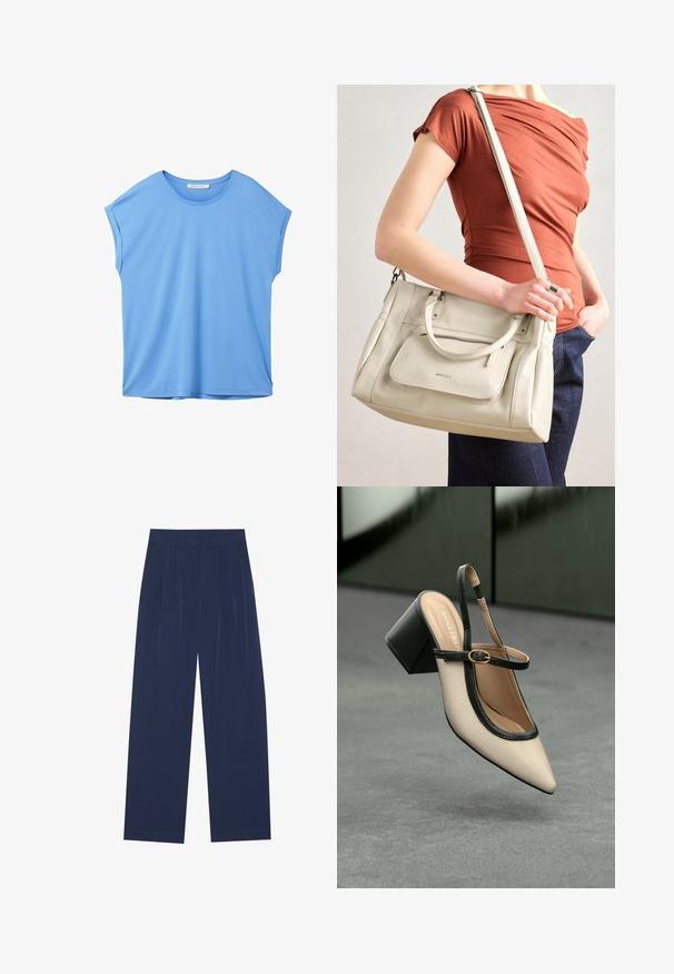 TOM TAILOR DENIM FLUENT TEE - Jednoduché tričko - sicilian blue; Námořnické modré široké kalhoty vyrobené z jemné látky, s předními záhyby, hladkou texturou a rovný střih bez viditelných kapes.; Beige boty s špičatou špičkou a otevřenou patou, černými detaily, zlatou přezkou a silným blokovým podpatkem, na šedé podlaze s tmavě zeleným pozadím.; Bílá kožená kabelka s dvojitými uchy a odnímatelným popruhem, která má přední zipovou kapsu a hladký povrch. Nese se na paži osoby.