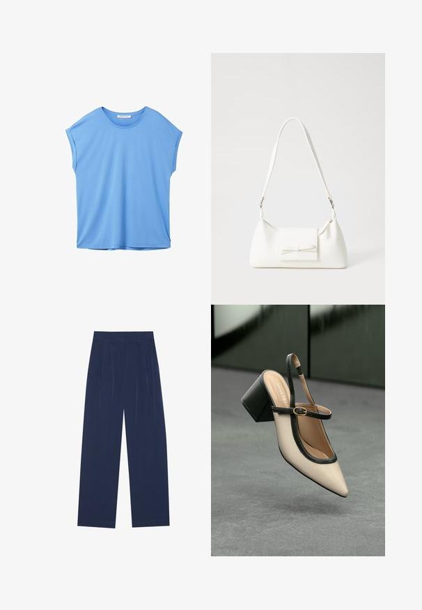 TOM TAILOR DENIM FLUENT TEE - Pamata T-krekls - sicilian blue; Tumši zili platleņķa bikses, kas izgatavotas no mīksta auduma, ar priekšējo krokām, gludu tekstūru un taisnu piegriezumu bez redzamām kabatām.; Beige smailā purngalā siksnu kurpe ar melnu akcentu, zelta sprādzi un masīvu bloku papēdi uz pelēka grīdas ar tumši zaļu fonu.; Balta sintētiska soma ar trīsstūrveida formu, plakanu priekšējo vāciņu un loku detaļu, regulējamu siksnu, gludu tekstūru un minimālistisku dizainu.