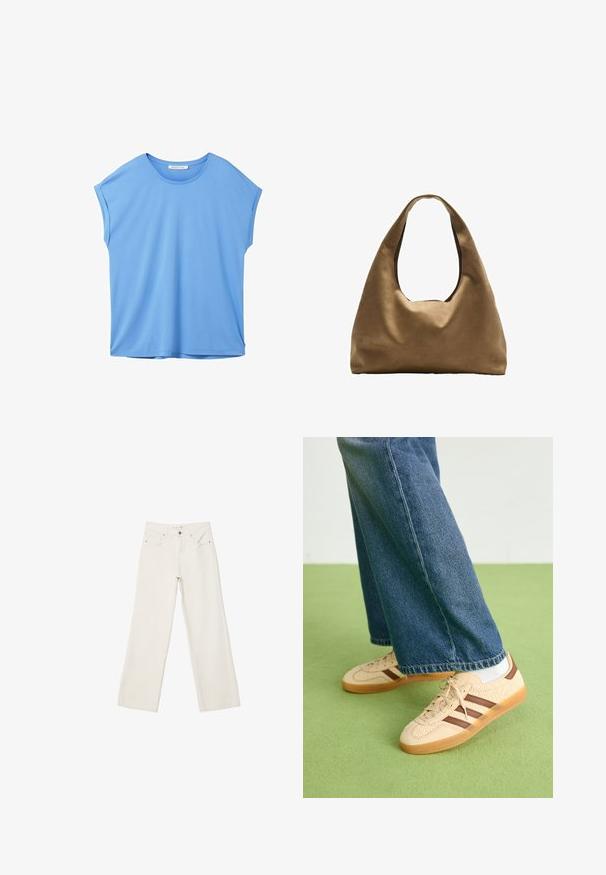 TOM TAILOR DENIM FLUENT TEE - Navadna majica - sicilian blue; Beli široki traper hlače, izdelane iz denima, z visokim pasom, sprednjimi žepi in gumbnim zapiranjem. Čista zasnova z minimalnimi detajli.; Bež teniske z teksturiranimi kremnimi paneli in rjavimi črtami, v kombinaciji z modrimi kavbojkami. Kavbojke imajo široke hlačnice in raztrgan rob.; Brahna torba preko rame iz rjave tkanine s širokim, zaobljenim tijelom i velikim izrezanim ručkom. Meka tekstura, minimalistički dizajn i bez vidljivih metalnih dijelova.