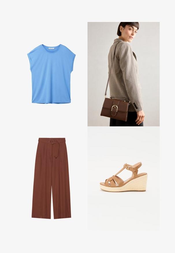 TOM TAILOR DENIM FLUENT TEE - Paprasti marškinėliai - sicilian blue; Plačios kelnių kelnės rudos spalvos audinyje, su diržu su kvadratiniu sagtimi, klostuotų dizainu ir lygiu paviršiumi.; Šviesiai rusvi platforminiai sandalai su kryžminiu dirželiu, reguliuojamu kulkšnies sagtim ir tekstūruotu pintiniu espadrilės tipo platformu.; Rudas odinis per petį nešiojamas krepšys su auksinės spalvos sagtimi, stačiakampio formos, lygia tekstūra ir nuimamu dirželiu.