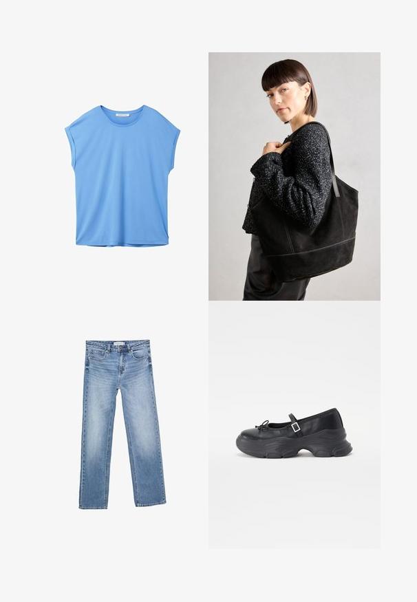 TOM TAILOR DENIM FLUENT TEE - T-shirts basic - sicilian blue; Straight-leg blå denim jeans med en falmet vask, fem lommer og en klassisk knaplukning. Lavet af bomuldsstof med tydelig syning.; Sorte læder Mary Jane-sko med rund tå, sløjfedetalje og justerbar ankelrem. Har en robust gummisål med buede accenter.; Sort ruskinds tote taske med en glat tekstur, struktureret form og kontrasterende syninger. Har lange stropper til skulderbæring.