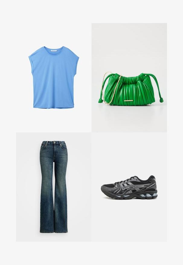TOM TAILOR DENIM FLUENT TEE - T-shirts basic - sicilian blue; Flaeret blå denimjeans med høj talje, der har fem lommer og syninger som accent. Stoffet har en klassisk falmet struktur.; Sort sportsko med mesh-overdel, sølv accenter og en dæmpet sål. Har snørebåndsdesign og struktureret sål for bedre greb.; Grøn læderhandbag med samlet struktur, guld kædeddetalje og snørret lukning. Har et minimalistisk guldhardware-accents.