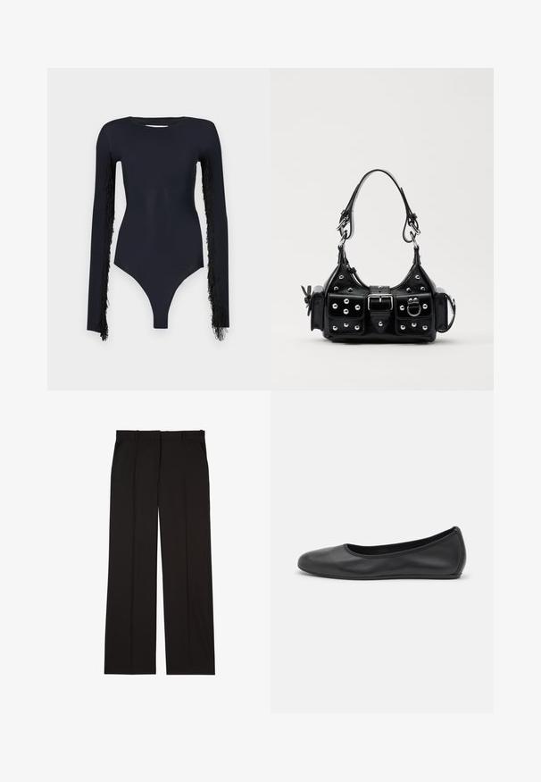 Macacão preto de mangas longas, com detalhes de franjas nos braços, feito de um tecido liso e elástico, com um decote profundo.; Calças pretas sob medida feitas de um tecido suave, com um design de perna reta e dois bolsos laterais. Construção elegante e minimalista.; Bailarina preta em pele com bico arredondado, textura suave, detalhe de costura minimalista e design de sola flexível.; Bolsa de couro preta com um design curvado, apresentando tachas prateadas, uma fivela e dois bolsos laterais. Alça ajustável para opções de transporte.