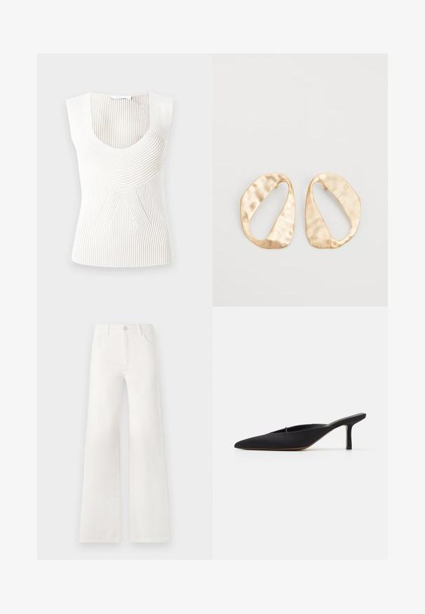 Mouwloos wit topje met een geribbelde textuur en een ronde halslijn. Heeft verticale strepen en een geometrisch ontwerp in het midden.; Witte, hoogwaist, wijde jeans van denim. Heeft een knoopsluiting, twee voorkruiszakken en zijnaadstiksel details.; Zwarte muiltje met spitse neus en een strak ontwerp, gemaakt van gladde stof, met een slanke hak en open achterkant voor gemakkelijk aan- en uittrekken.; Een paar onregelmatig ovale, gouden metalen oorbellen met een gestructureerd, lichtgehamerd oppervlak op een witte achtergrond.