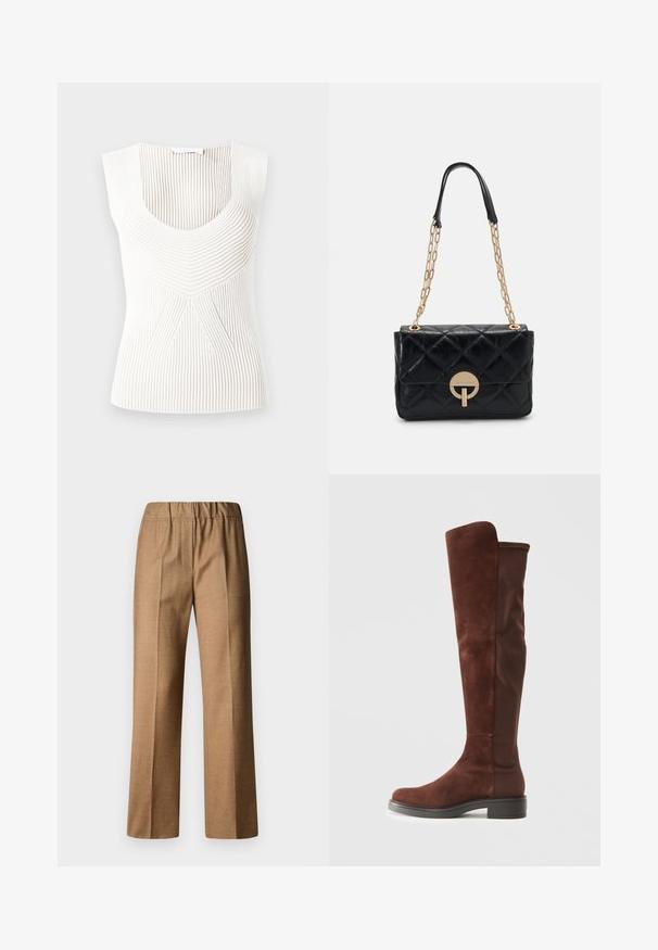 Biały top bez rękawów o fakturze prążkowanej i okrągłym dekolcie. Posiada pionowe paski oraz geometryczny wzór na środku.; Brązowe, strukturalne spodnie o luźnym kroju, z szerokimi nogawkami i elastycznym paskiem w talii. Uszyte z dbałością o detale, z przodu z plisami.; Wysoki brązowy zamszowy i materiałowy but z niskim czarnym obcasem i zaokrąglonym noskiem, przedstawiony w widoku bocznym na jednolitym białym tle.; Czarna pikowana skórzana torebka z złotym łańcuchem, z okrągłym zapięciem. Kompaktowy prostokątny kształt o gładkiej fakturze.