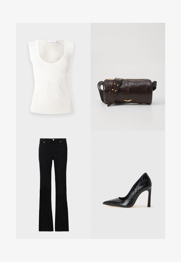 Kätiseta valge tipp riie ribakoe ja ümaral lõikel. Omab vertikaalseid ridasid ja geomeetrilist mustrit keskosas.; Mustad teksased, millel on flared lõige, kaks esi-taskut, nööbiga kinnitamine ja sile tekstuur. Tootemärgistus on nähtav õmblustes.; Mustan teravaotsaga kõrge kontsaga king, millel on krokodillimustriga tekstuur, stiilne disain, kõrge stilettokonts ja sile must sisesisustus.; Pruunist krokodillimustrist nahast kott, millel on silindri kuju, kuldse tooni metalldetailid ja eemaldatav rihm, kus on nupud.