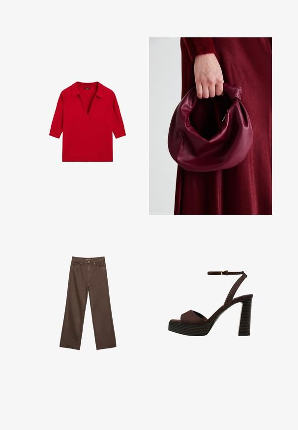 Rød strikket sweater med V-hals og trekvartærmer, ribbede manchetter og kant, lagt fladt på hvid baggrund.; Bredde ben brun denim jeans med høj talje, forlommer og klassisk knaplukning. Glat tekstur med diskret syninger.; Brune ruskinds højhælede sandal med åben tå, justerbar ankelrem og en stribet plade sål.; Bordeaux læderhåndtaske med et blødt, samlet design og en rund form. Håndtaget er sikret og viser en glat tekstur.