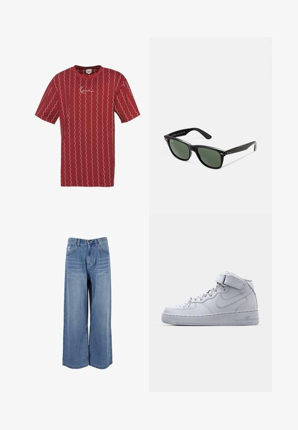 Piros pamut póló, fehér hullámos vonalakkal és egy kis hímzett logóval a mellrészen. Rövid ujjú és kerek nyakú.; Széles szárú kék farmernadrág magas derékkal, elülső zsebekkel és varrás részletekkel a szárakon. Texturált, megfakult felület, laza szabással.; Magas szárú szürke Nike Air Force 1 sportcipők bőrből készült felsőrészsel, párnázott bokarésszel és tépőzárral. Ikonikus dizájn jellemzi a perforált orrdoboz.; Fekete műanyag napszemüveg zöld lencsékkel, négyzet alakú kerettel, ezüst díszítéssel a keret felső részén, valamint texturált szárakkal. A márka neve a belső száron található.