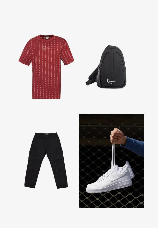 Punane puuvillane T-särk, millel on valged lainelised jooned ja väike logoga tikand rinnal. Lühikesed varrukad ja ümmargune kaelus.; Mustad mustad püksid, mis on valmistatud vastupidavast kangast, mitme cargo-taskuga, lukuga sääreotsadega ja sirgete jalgadega, millel on peened õmbluse detailid.; Valged nahast tennisetossud, millel on perforatsioonid, ümar nina, lame tallus ja paksud nöörid, nähtava swooshi logoga ja "AIR" kontsadel.; Mustmust kangas õlakott sujuva tekstuuriga, millel on kaarduv disain, tõmblukuga sektsioon ja valge logo esiküljel.