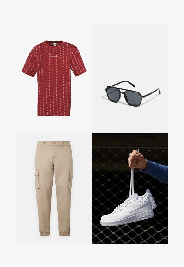 Červené bavlněné tričko s bílými vlnitými liniemi a malým logem vyšitým na hrudi. Krátké rukávy a kulatý výstřih.; Béžové cargo kalhoty z lehkého bavlněného materiálu. Mají elastické manžety, více bočních kapes a zapínání na knoflík.; Bílé kožené tenisky s perforacemi, kulatou špičkou, plochou podrážkou a silnými tkaničkami, které mají viditelné logo swoosh a nápis "AIR" na patě.; Černé sluneční brýle s osmiúhelníkovým rámem, tmavými čočkami, lesklým povrchem, tenkými nožičkami a zlatými akcenty na přední části.
