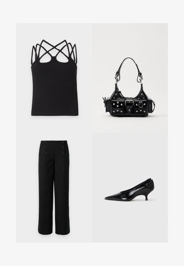 Schwarzes, geripptes Tanktop mit figurbetontem Schnitt, mehreren überkreuzten Trägern und offenem Rückendetail. Glatte Textur mit rundem Ausschnitt.; Schwarze weit geschnittene Hosen aus glattem Stoff mit hoher Taille und fünf vorderen Knöpfen zum Schließen. Elegantes, maßgeschneidertes Design.; Schwarzer Lederpumps mit spitzem Schuhkopf, niedrigem Absatz, schlankem Design und glatter Textur. Verfügt über einen Slipper-Stil ohne sichtbare Beschläge.; Schwarze Lederhandtasche mit einem geschwungenen Design, verziert mit silbernen Nieten, einer Schnalle und zwei seitlichen Taschen. Verstellbarer Träger für verschiedene Tragemöglichkeiten.