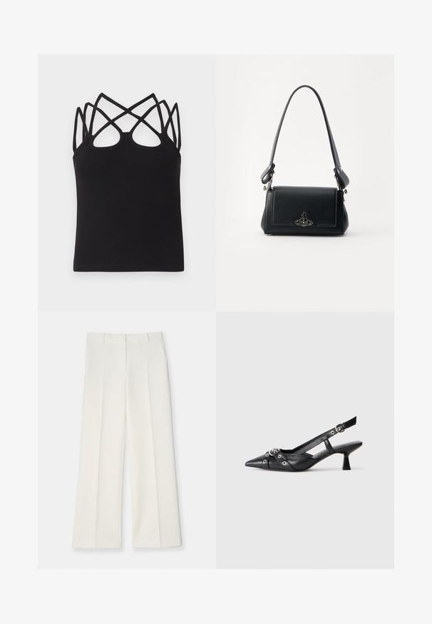 Black ribbed tank top featuring a fitted design, with multiple crisscross straps and open back detail. Smooth texture with a round neckline.; Wide-leg pants in light cream fabric, featuring a smooth texture, front pleats, and two side pockets. Tailored waistband design.; Black leather slingback shoe with a pointed toe, decorative straps featuring metal eyelets, and a low block heel. Textured surface.; Black leather handbag with a textured surface, rectangular shape, adjustable strap, and a metallic logo accent on the front.