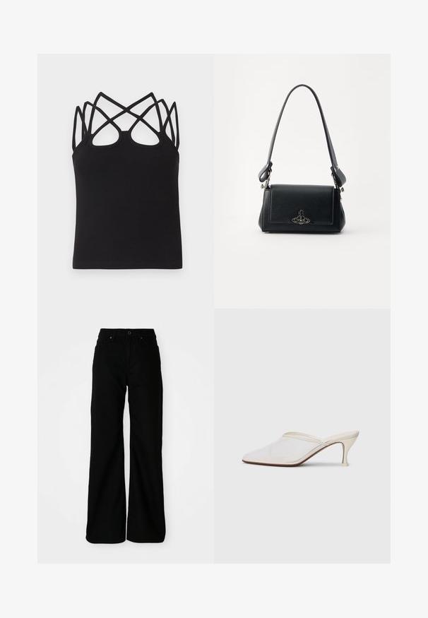 Schwarzes, geripptes Tanktop mit figurbetontem Schnitt, mehreren überkreuzten Trägern und offenem Rückendetail. Glatte Textur mit rundem Ausschnitt.; Schwarze weit geschnittene Hose aus Denim-Stoff. Verfügt über eine eng anliegende Taille, Vordertaschen und einen Knopfverschluss. Glatte Textur mit minimaler Ausstattung.; Weiße Mesh-Pantoletten mit spitzer Zehenform, schlankem Mittelabsatz und Slip-On-Design vor einem schlichten Hintergrund.; Schwarze Lederhandtasche mit strukturierter Oberfläche, rechteckiger Form, verstellbarem Tragegurt und einem metallischen Logoakzent auf der Vorderseite.