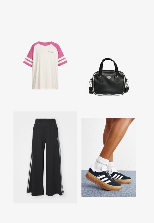 T-shirt blanc à manches courtes avec des manches raglan roses, deux rayures blanches sur chaque manche, et "ROXY" imprimé sur la poitrine en bleu.; Pantalons de survêtement larges noirs avec une taille élastique, présentant des rayures blanches sur les côtés et un logo brodé sur la cuisse gauche.; Baskets en daim noir avec des rayures et des accents blancs, bout arrondi, semelle extérieure en caoutchouc gomme, associées à des chaussettes blanches côtelées mi-mollet.; Sac à main en cuir noir avec deux poignées courtes, quincaillerie argentée, accents blancs et un logo blanc. Présente une surface texturée et un design compact.
