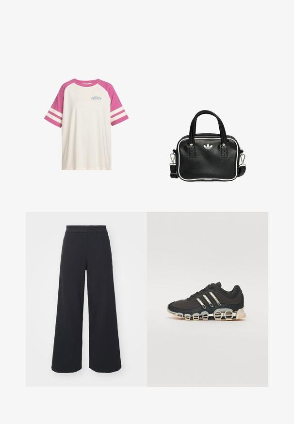 Kurze weiße T-Shirt mit rosa Raglanärmeln, zwei weißen Streifen an jedem Ärmel und "ROXY" in blau auf der Brust gedruckt.; Schwarze weite Sweatpants aus weichem Material, mit einem elastischen Taillenbund und einem kleinen Logo auf der linken Seite.; Schwarzer Sportschuh mit einer strukturierten Oberseite, drei silbernen Streifen und einer markanten Dämpfungssohle mit mehreren integrierten Sektionen.; Schwarze Lederhandtasche mit zwei kurzen Griffen, silbernem Zubehör, weißen Akzenten und einem weißen Logo. Verfügt über eine strukturierte Oberfläche und ein kompaktes Design.