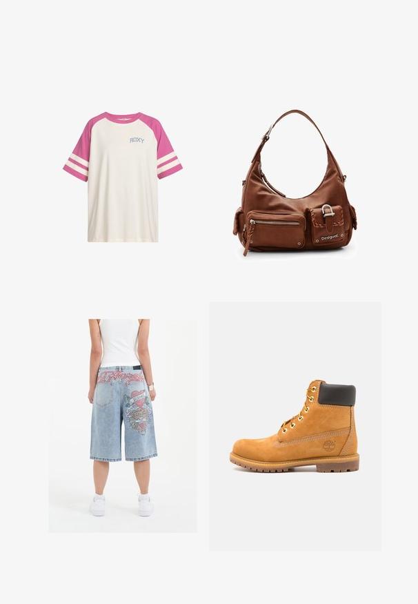 Kurze weiße T-Shirt mit rosa Raglanärmeln, zwei weißen Streifen an jedem Ärmel und "ROXY" in blau auf der Brust gedruckt.; Hellblaue Jeansshorts mit lockerer Passform, ausgestattet mit bunten, gestickten Tiger-Prints und Text auf der Rückseite, abgeschlossen mit aufgerollten Säumen.; Braune Leder-Stiefelette mit schwarzer Polsterung, goldenen Ösen und einer strukturierten Sohle. Hat ein kreisförmiges Logo an der Seite und Nähakzente.; Desigual Handtasche - brown