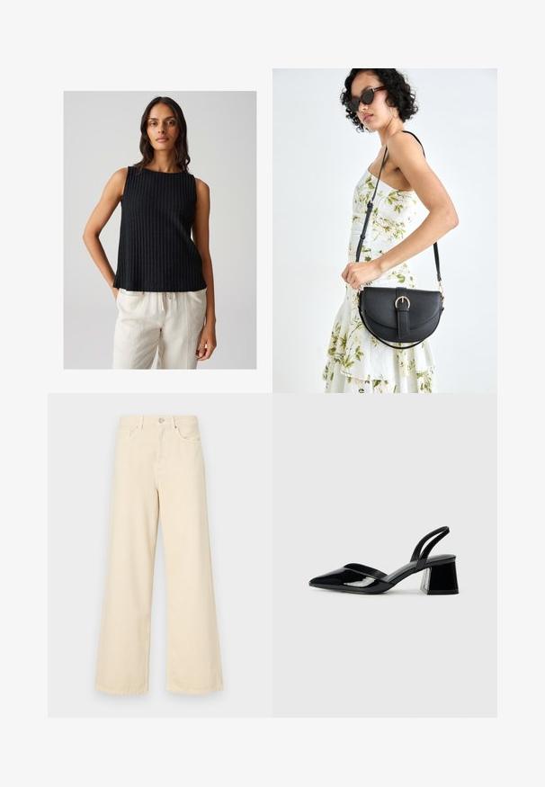 Top senza maniche a coste nere con scollatura rotonda, caratterizzato da una vestibilità ampia e un tessuto testurizzato. Abbinato a pantaloni leggeri e larghi.; Jeans beige a gamba larga in cotone. Caratterizzati da chiusura con bottone, passanti per cintura e tasche anteriori con una consistenza liscia e morbida.; Décolleté in vernice nera con punta affusolata e tacco in geometria cubica. Presentano un design elegante e minimalista, con una texture liscia.; Borsa a tracolla nera in pelle con una forma curva, manico rimovibile e accessori dorati. La borsa presenta una patta con un dettaglio a fibbia.