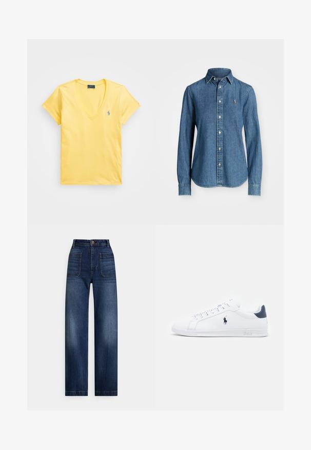 Polo Ralph Lauren COTTON JERSEY V-NECK T-SHIRT - Basic póló - corn yellow; Médiumméretű kék farmering, hosszú ujjal, gombos gallérral és logóval a mellkason. Ívelt alsó részével és normál szabásával rendelkezik.; Magas derekú, sötétkék egyenes szárú farmernadrág elülső foltzsebekkel, övbújtatókkal és gombos záródással.; Fehér bőr sportcipők sima felülettel, tengerészkék részletekkel és egy kis logóval az oldalukon. Lapos fűzőkkel és texturált gumi talppal rendelkezik.
